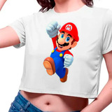 Camiseta Cropped Infantil Super Mario Comemorando Feliz