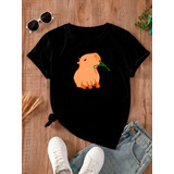 Camiseta Feminina Capivara Comendo Matinho Básica Algodão
