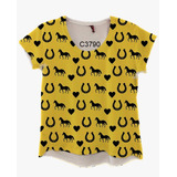 Camiseta Feminina Country Amarela Cavalos E Ferraduras C3790