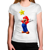 Camiseta Feminina Super Mario Comemorando Estrela Feliz