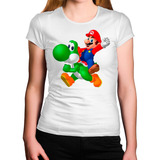 Camiseta Feminina Super Mário Yoshi Feliz Comemorando