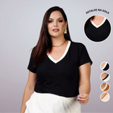 Camiseta Gola V Plus Size Feminina Blusa Bicolor Básica 