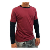 Camiseta Manga Longa Sobreposta Masculino Gola Redonda