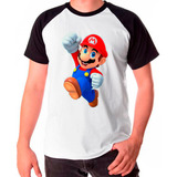 Camiseta Masculina Raglan Branca Super Mario Comemorando 