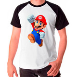 Camiseta Masculina Raglan Branca Super Mário Comemorando