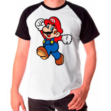 Camiseta Masculina Raglan Branca Super Mário Desenho Comemor