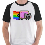 Camiseta Nyan Cat Meme Gato Cat Lover Camisa Blusa Raglan