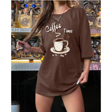 Camiseta Oversized Coffe Time De Algodão Estampado