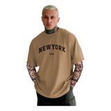Camiseta Oversized Streetwear Bege New York Usa Algodão