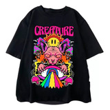 Camiseta Oversized Streetwear Creature Gato Colorido Estilo