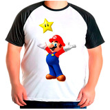 Camiseta Plus Raglan Super Mario Comemorando Estrela Fel