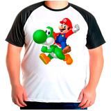 Camiseta Plus Raglan Super Mario Yoshi Feliz Comemorando