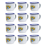 Caneca Xicara Esmaltada Retro Branca Decorada 80ml Antiga Da Roça - 12 Undades