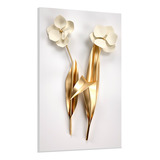 Canvas Flor Branca Minimalista Dourada Botão Pintura 40x60