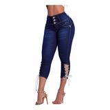 Capri Cosário Feminina Moda Calça Jeans Cintura Média Botões