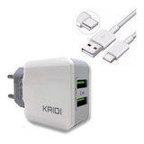 Carregador Kaidi Rápido Celular Smartphone 2 Usb Cabo Tipo C Cor Branco 12w