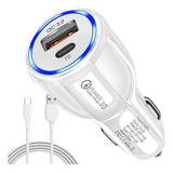Carregador Veicular Rápido Turbo 2 Usb + Cabo Tipo C Cor Branco