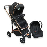 Carrinho De Bebe Europeu 3 Em 1 Moises Berço + Bebe Conforto Cor Preto Cor Do Chassi Dourado