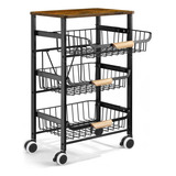 Carrinho Metal Bambu 4 Andares Cestos Móveis, Cozinha, Rodas