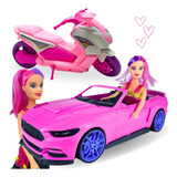 Carro P/ Boneca Rosa Com Boneca + Moto Realista Brinquedo 