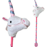 Cavalinho De Pau Unicórnio Com Som E Rodinhas Rosa Branco