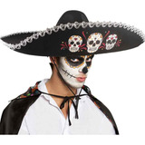 Chapéu Mexicano Sombrero Tequileiro Halloween Festa Mexicana Cor Preto Com Caveira