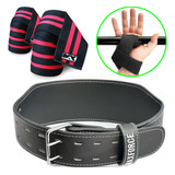 Cinturão Couro + Faixa De Joelho Par + Fita Strap Par