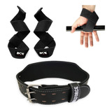 Cinturão Couro + Fita Strap Par Academia Agachamento Fitness