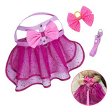 Coleira Guia Pet Saia Rosa Com Glitter Roupa Cachorro Gato