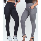 Combo 2 Calça Legging Modeladora Cintura Alta Bolso Ziper