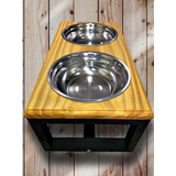 Comedouro Madeira Elevado C/ 2 Potes Inox P/ Cães E Gatos