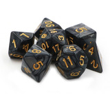 Conjunto 7 Dados Rpg D&d Preto Dourado Marmorizado + 1 Bolsa