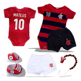 Conjunto Bebê Flamengo Personalizado C/ Nome Enxoval 5 Itens
