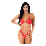 Conjunto Calcinha Fio Dental E Top Vazado Sensual Vermelho