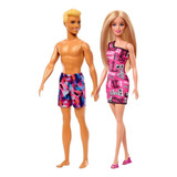 Conjunto Colecionável Casal Bonecos Mattel Brinquedos : Boneca Menina Barbie Loira Fashion Vestido Rosa + Boneco Menino Ken Praia Loiro