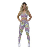 Conjunto Fitness Cropped Legging Estampada Roupas Academia