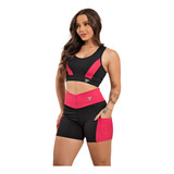 Conjunto Fitness Feminino Top E Short De Academia Com Bolso