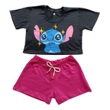 Conjunto Infantil Feminino Cropped Preto+short Lilo E Stitch
