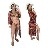 Conjunto Moda Praia Feminino Kimono + Biquini Levanta Bumbum
