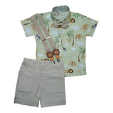 Conjunto Roupas De Bebe Menino Camisa Social Infantil Safari Verde Com Gravata Infantil E Suspensorio