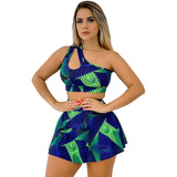 Conjunto Short Saia Top Fitness Feminino Academia + Brinde