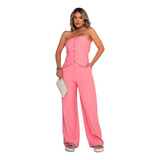 Conujunto Elegante Feminino Calça Pantalona Top Alfaiataria