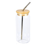 Copo De Vidro Com Tampa De Bambu E Canudo De Inox 500 Ml