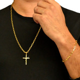 Cordão Corrente Dourado Masculino Ouro C/ Pulseira Crucifixo