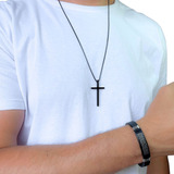 Corrente Cordão + Pulseira Masculina Aço Inox Crucifixo Cruz
