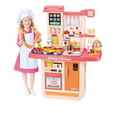 Cozinha Infantil Completa Painel Touch Vapor Pia Som 98cm Cor Rosa