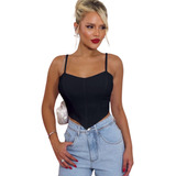 Cropped Corselet Corset Ribana Com Alcinha Bico Ponta Em V