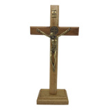 Crucifixo Mesa 19cm Madeira Maciça Natural Medalha São Bento