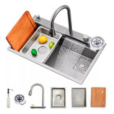 Cuba Pia Cascata Premium Completa Com Acessórios Torneira Monocomando + Lavador De Copos Cozinha Cor Prata Gourmet Aço Inox 304