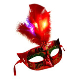 Delicada Mascara Pintura Vermelha Pena Pisca Led Carnaval